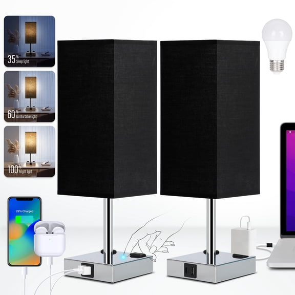 2 Pack Modern Table Lamps with USB Charging Port, Touch Control Dimmable Bedside Lamps with Black Fabric Shade, 3 Brightness Levels Nightstand Lamps for Bedroom Living Room Office