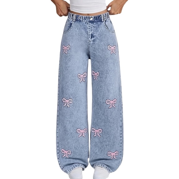 GiLiling Teen Girls Y2k Baggy Jeans Wide Leg High Waist Elastic Waist Vintage Aesthetic Cargo Denim Pants (Blue, 11-12 Years) (Blue, 9 -10 Years)