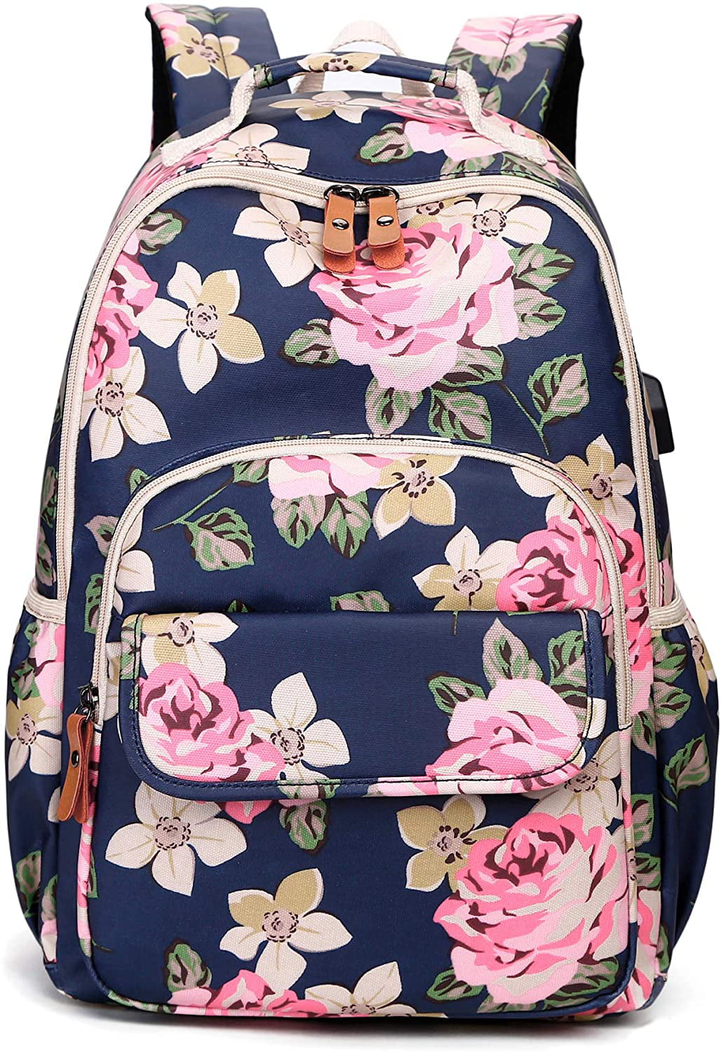 Leaper Floral School Backpack Girls Bookbag Daypack USB Charging Port Black