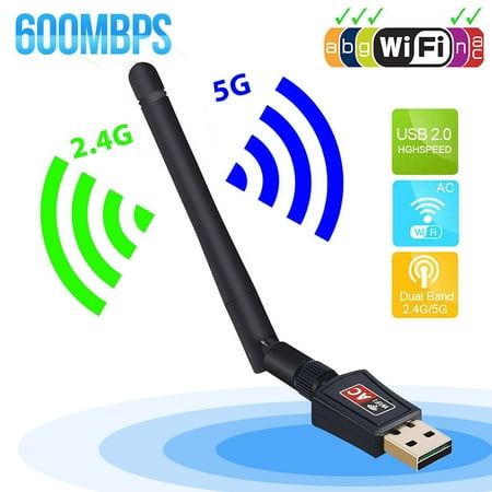 600Mbps Dual Band 5GHz 2.4GHz WiFi Adapter Wireless USB 802.11ac w/ Antenna Wireless Network Dongle 5dBi for PC Laptop PC Desktop Laptop, Supports Windows 10/8.1/7/XP/Vista, Mac OS