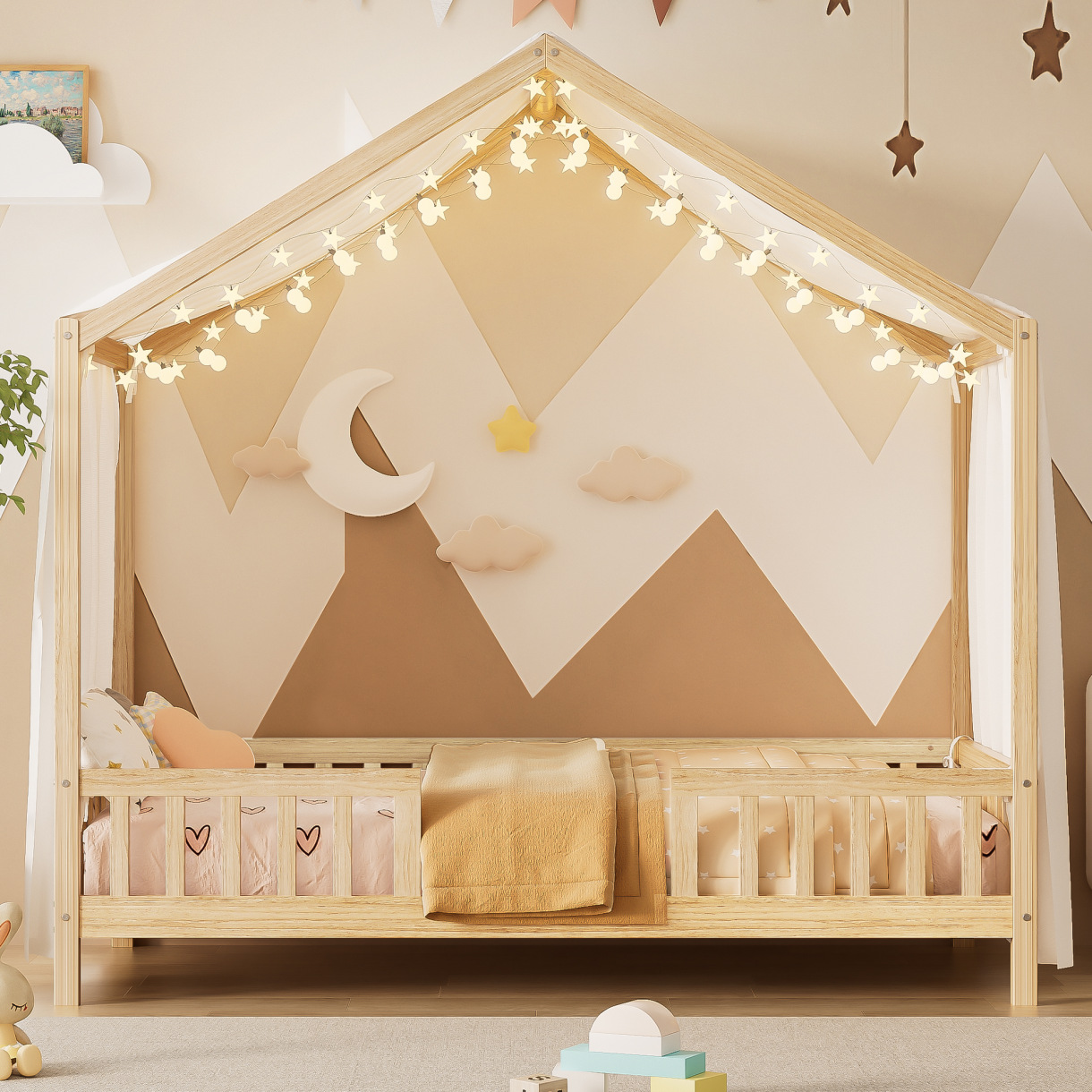 Twin Size Montessori Floor Bed with Canopy, Wooden House Shape Toddler Bed with High Railings and Roof, Twin Bed Frame for Kids Bedroom, Natural