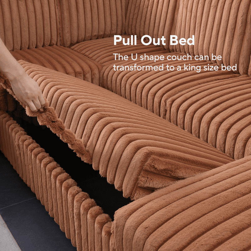 Oversized 122" U-Shaped Sectional Sleeper Sofa Bed with Pull-Out Bed,Storage Chaise,Rabbit Plush,7-Seat, Orange