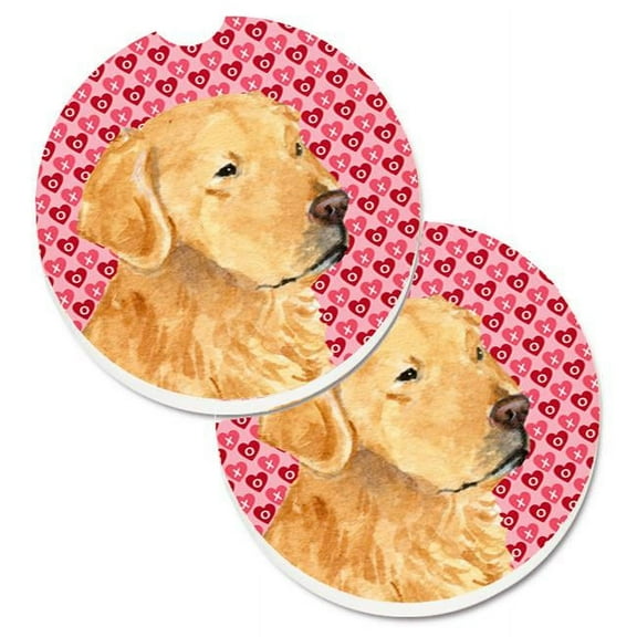 Golden Retriever Hearts Love Valentines Day Set of 2 Cup Holder Car Coaster