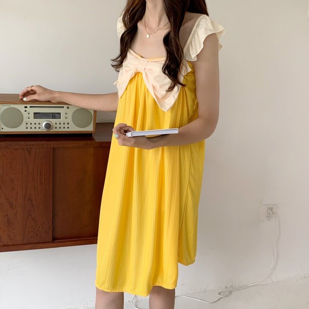 Camisón de estilo coreano con lazo para mujer, vestido de noche con cuello cuadrado, ropa de dormir para el hogar, pijama de manga corta con pétalos de encaje, Verano