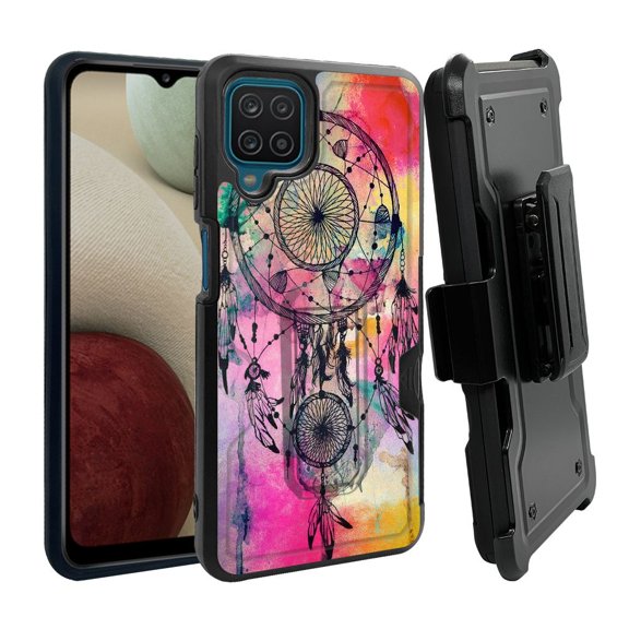 ANJ  Rugged Dual Layer Shockproof Holster Case w/Card Slot, Kickstand   Tempered Glass for Samsung Galaxy A12 - Abstract Dreamcatcher