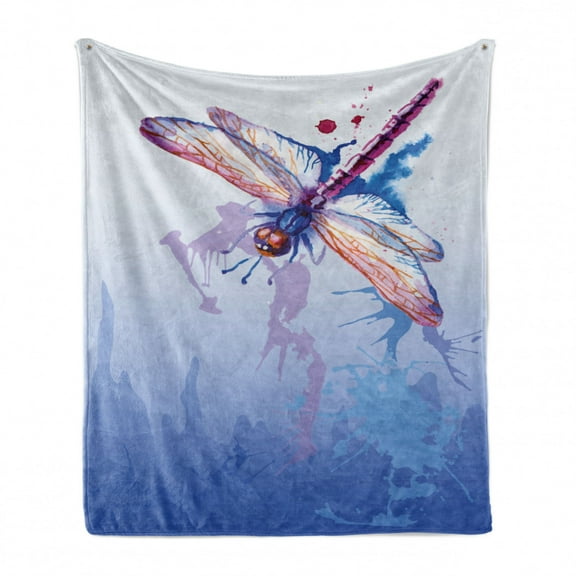 Dragonfly Soft Flannel Fleece Throw Blanket, Colorful Moth Watercolored Design Abstract Grunge Ombre Color Change Print, Cozy Plush for Indoor and Outdoor Use, 70" x 90", Multicolor, by Ambesonne