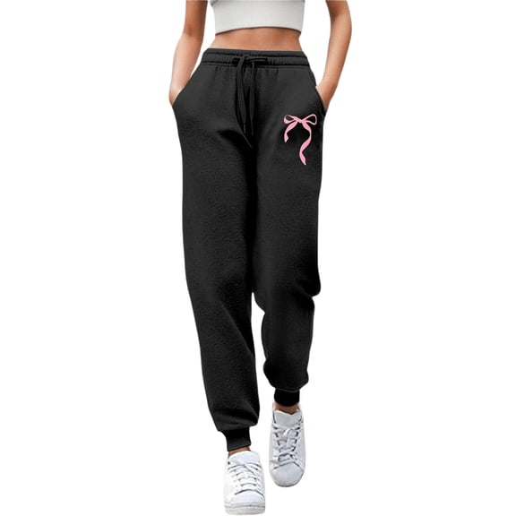 Sweatpants Women Bow Print Straight Leg Pants Casual High Waist Drawstring Sweatpants Loose Black L