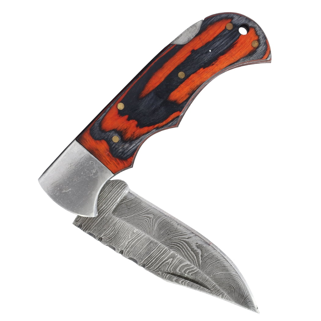 TheBoneEdge 6.5" Damascus Blade Folding Knife Two Tone Black & Orange Wood Handle With Pouch