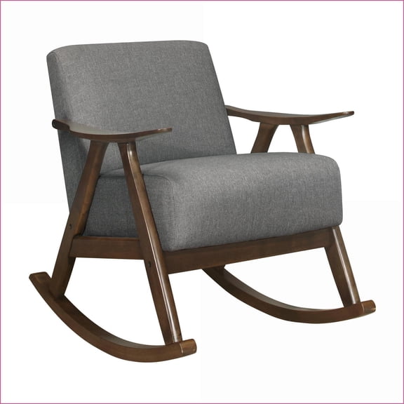 Rocking Chair Modern Gray Fabric Upholstered | Solid Rubber Wood Frame | Dark Walnut Finish
