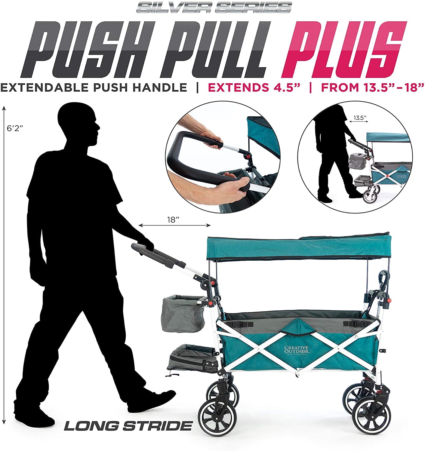 CREATIVE OUTDOOR Push-Pull Collapsible Folding Wagon Stroller Canopy w/ Removable Cooler, Silver Series, Teal/Gray