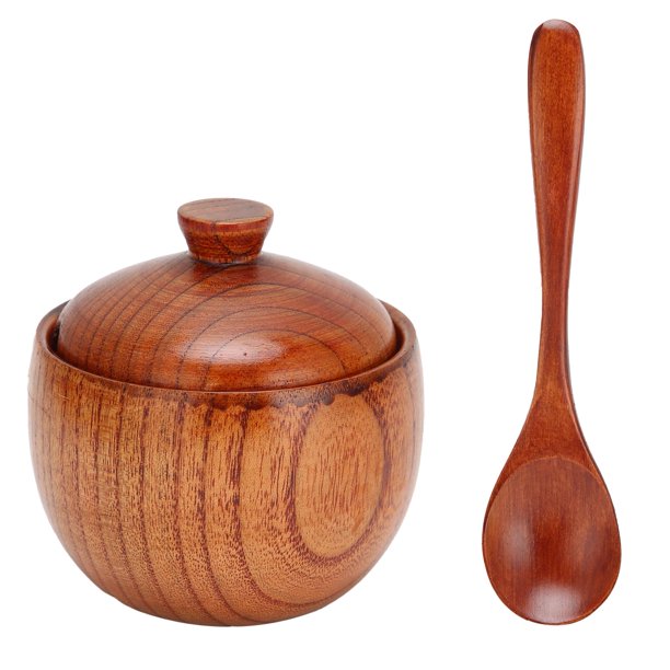 Xiao Hua Tarro de azúcar, tarro de condimentos, artículo de cocina retro de madera con tapa y cuchara, tarro de especias de madera maciza, tarro de condimentos, 1 juego