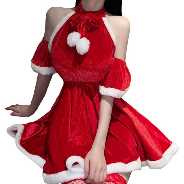 Lencería navideña para mujer, disfraz de Papá Noel, minivestido de Papá Noel para cosplay Rojo Jinwen Mini vestido de Papá Noel