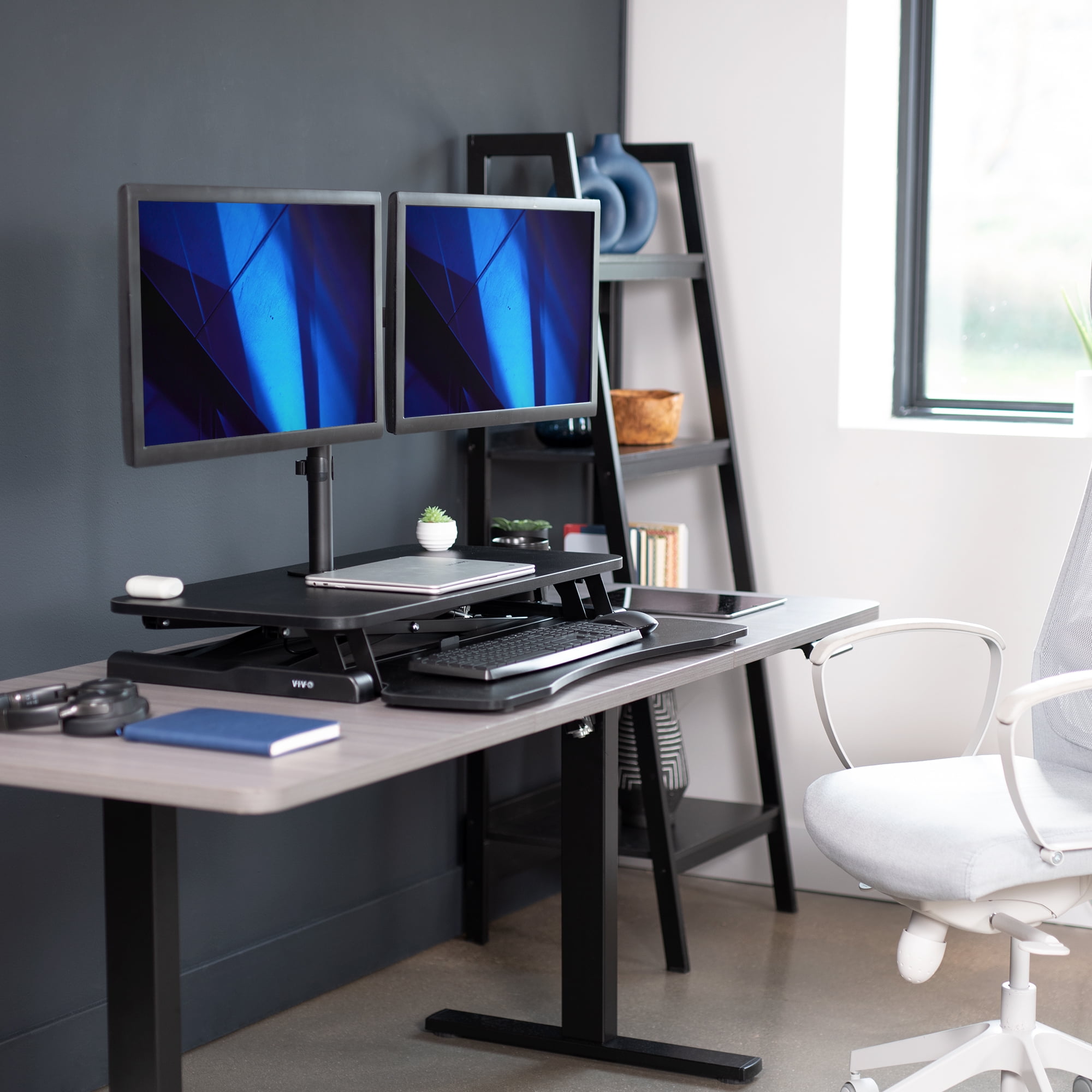 VIVO Black 32" Standing Desk Riser with Adjustable Dual 13" to 30" Monitor Mount
