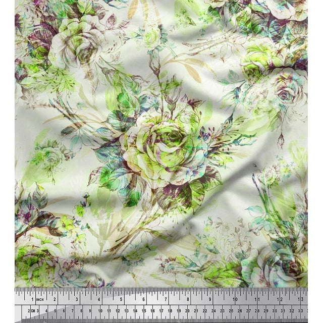 Soimoi Poly Georgette Fabric Leaves & Rose Flower Print Sewing Fabric Yard 42 Inch Wide