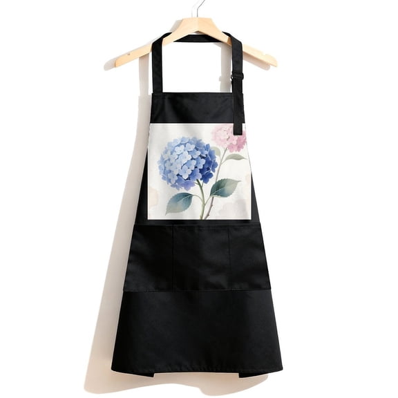 RKSupls Waterproof Bib Apron with 3 Pockets, Pink Hydrangea Flowers Butterfly Adjustable Neck Strap Soft 100% Polyester Water Resistant Apron for Kitchen Restaurant Home Use
