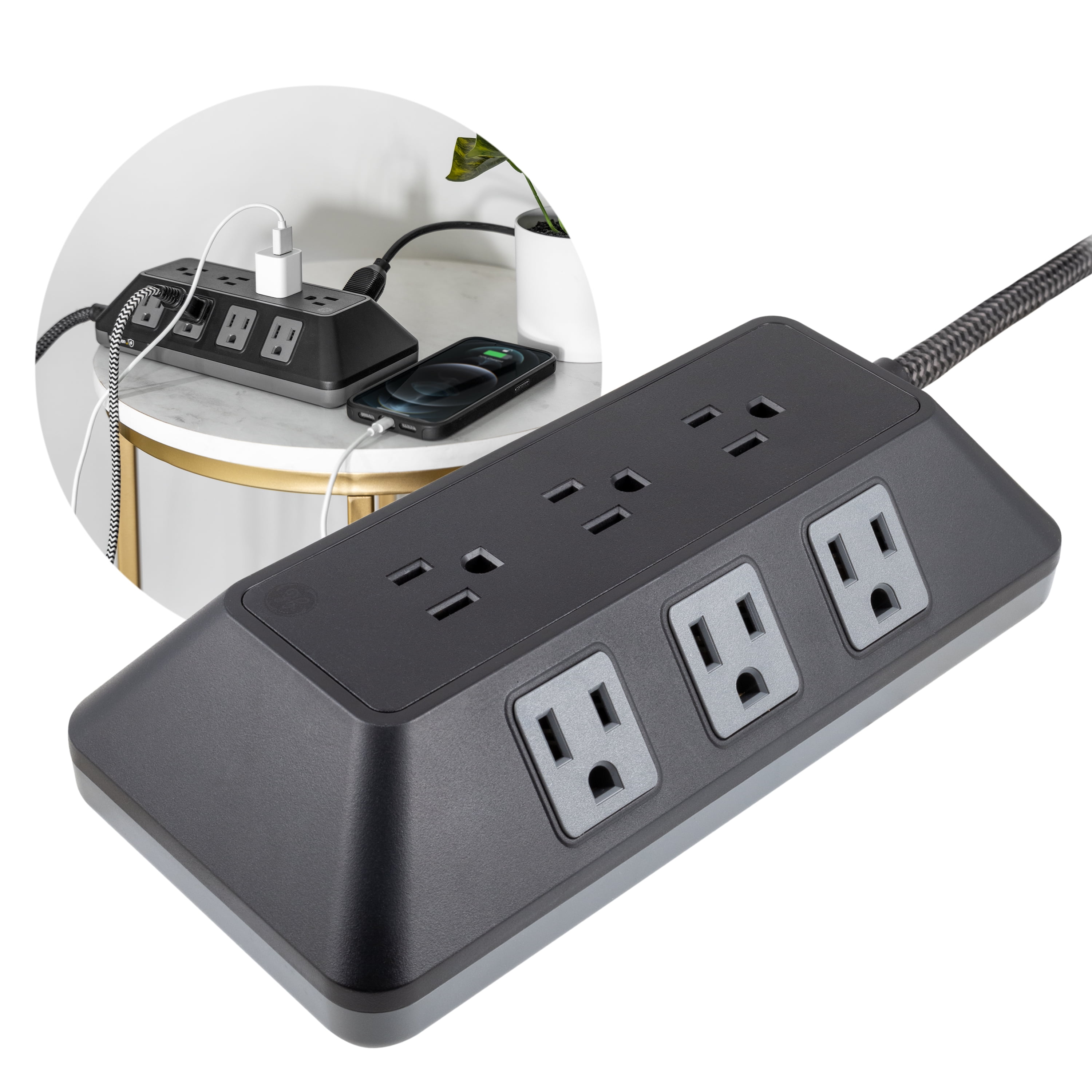GE Adapt 9-Outlet Surge Protector Power Strip, 8ft Braided Cord, Black