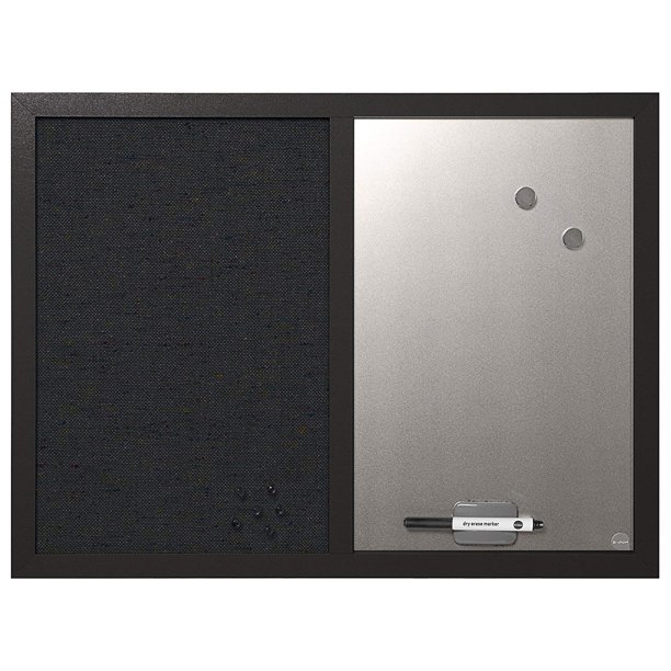 Combo Silver DryErase & Black Fabric Bulletin Board, 18" X 24", Black