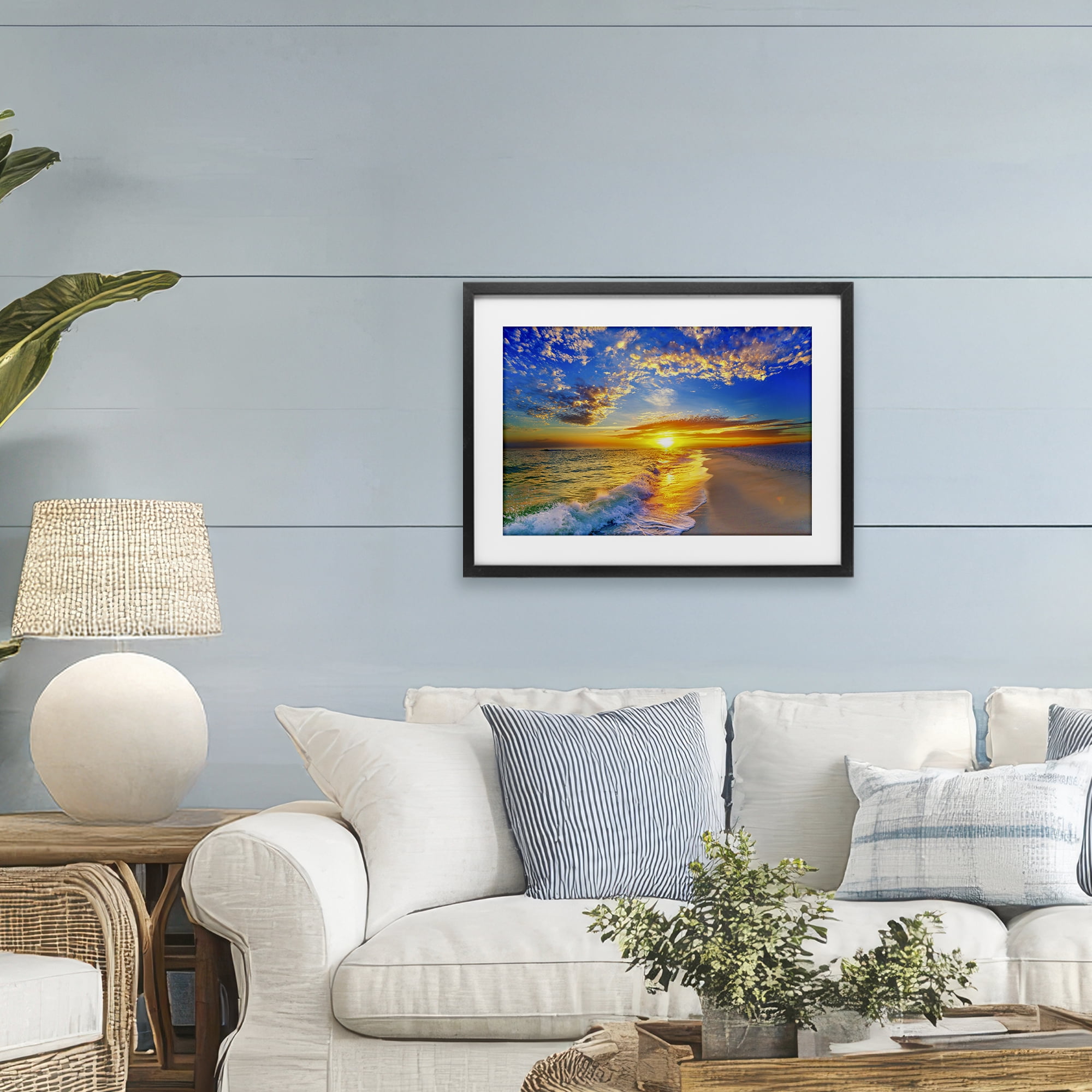 Stupell Industries Golden Sunset Beach Blue Sky Black Framed Print Under Glass, design by Eszra Tanner