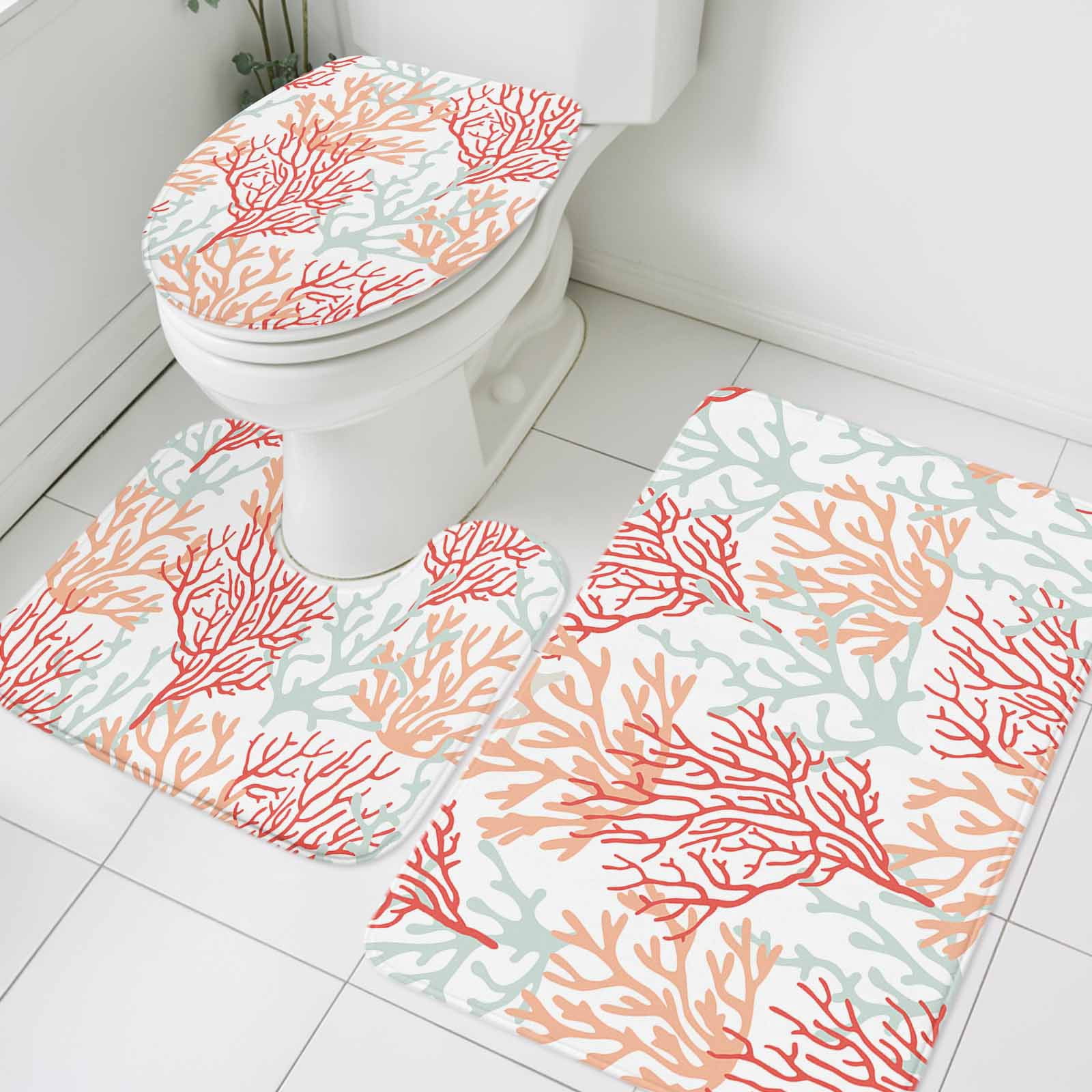 Red Orange Grey Coral Coastal Bath Mat 3 Piece Bathroom Rug Set, Summer Beach Seaside Nautical Non Slip Bath Rug Contour Mat and Toilet Lid Cover, Absorbent Shower Mats Soft Bath Rugs and Mats Sets