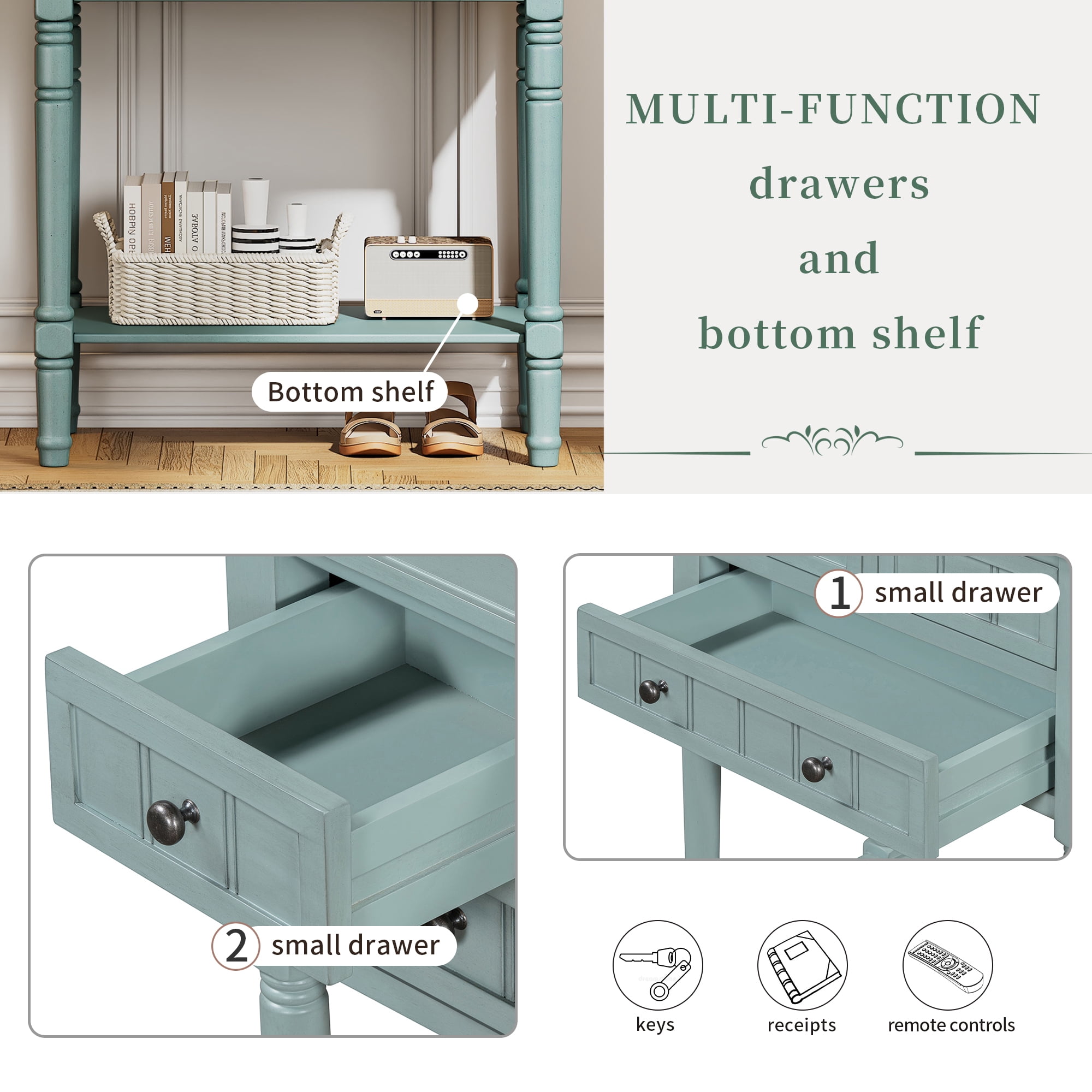 Harper & Bright Designs Narrow Console Table with Storage Drawers and Bottom Shelf for Entryway Living Room, Retro Console Table for Small Space, Light Blue