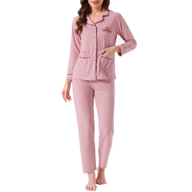 Conjunto de lounge para mujeres INSPIRE CHIC, de algodón, con botones, manga larga, pantalones, patrón acanalado con bolsillo, conjunto de pijama, ropa de casa, S, rosa