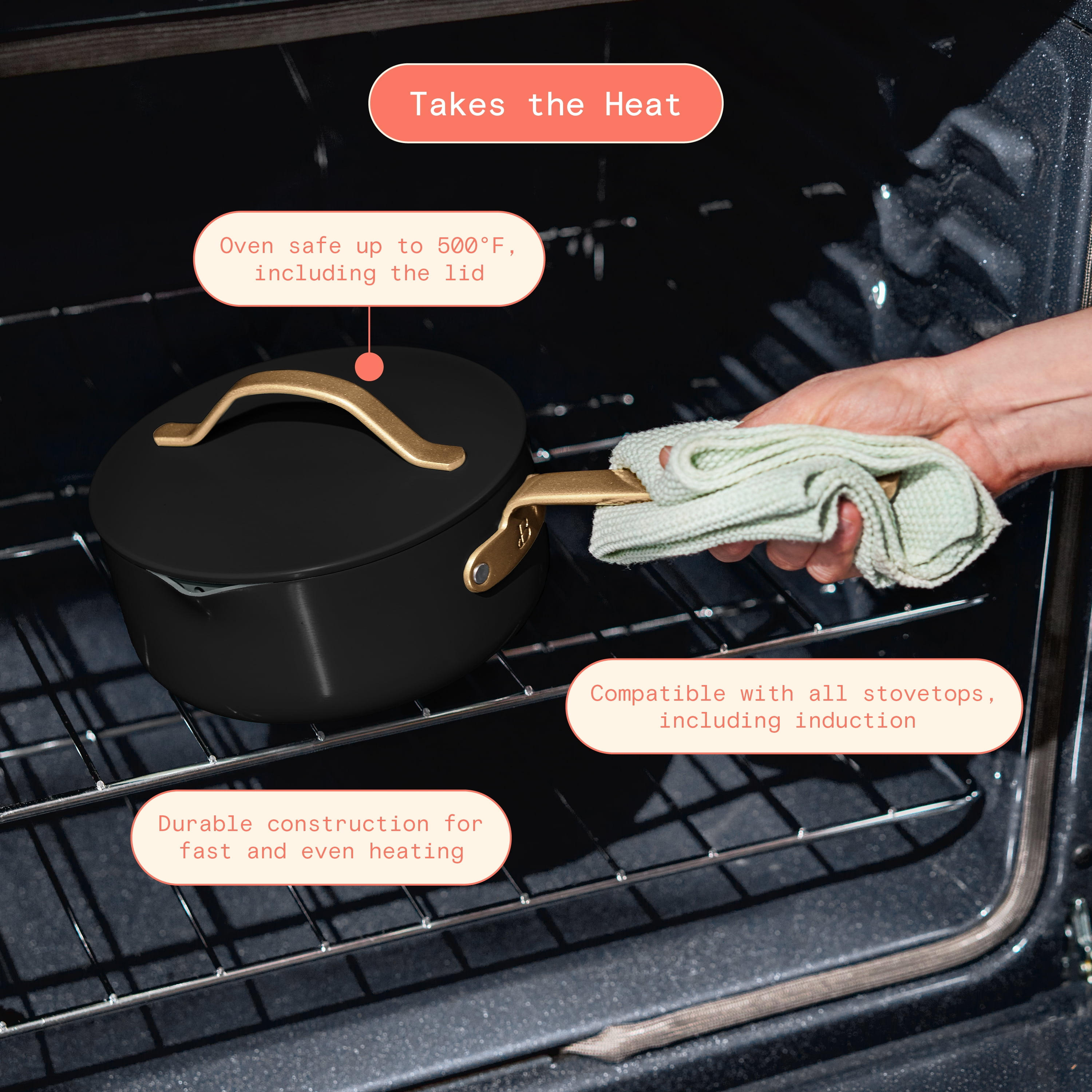 Beautiful 3 Quart Ceramic Non-Stick Covered Sauce Pan with Strainer Lid, Black Sesame by Drew Barrymore