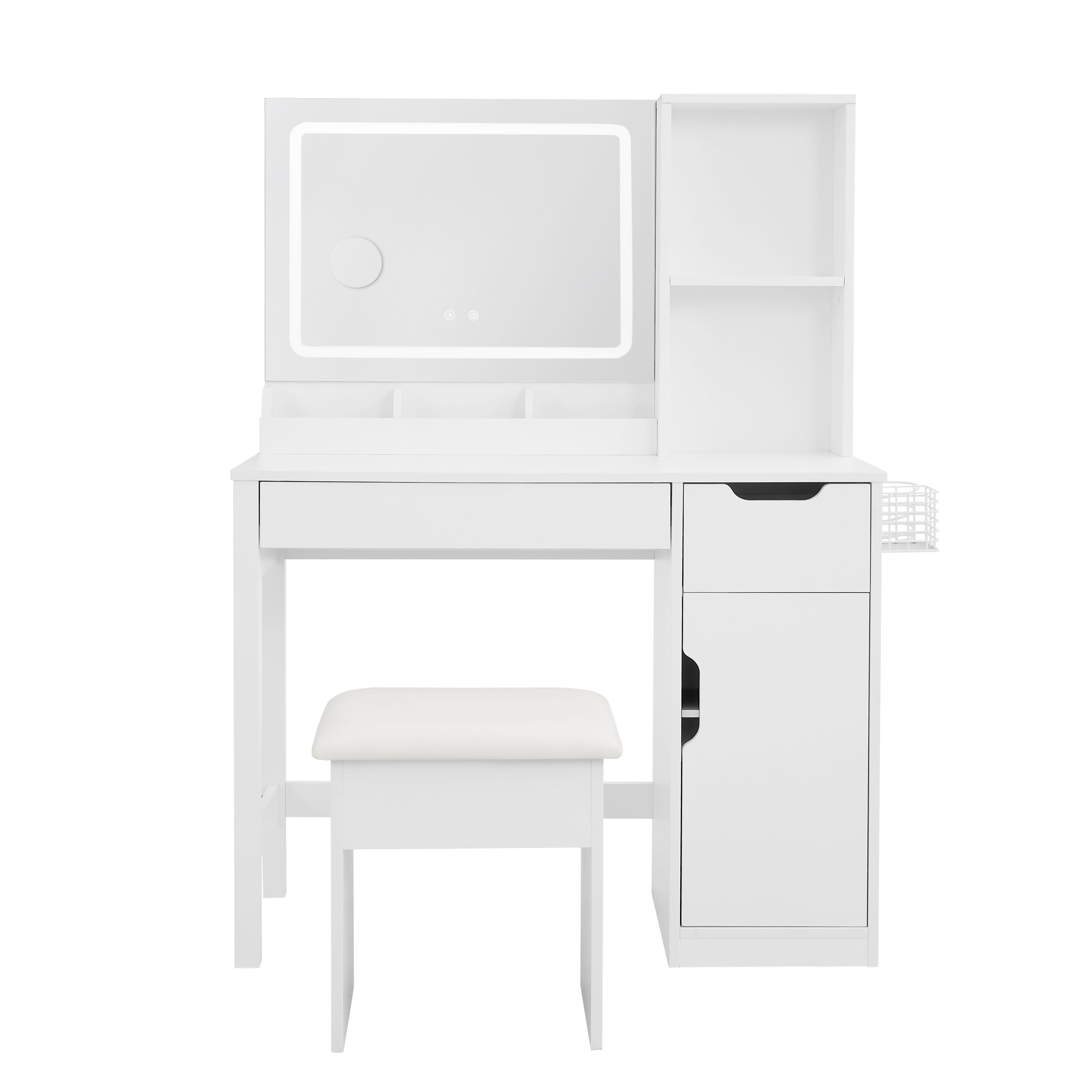 Mainstays Get Ready with Me GRWM Deluxe 2-Piece Right Vanity and Stool with Lighted Mirror and USB Power, White Finish