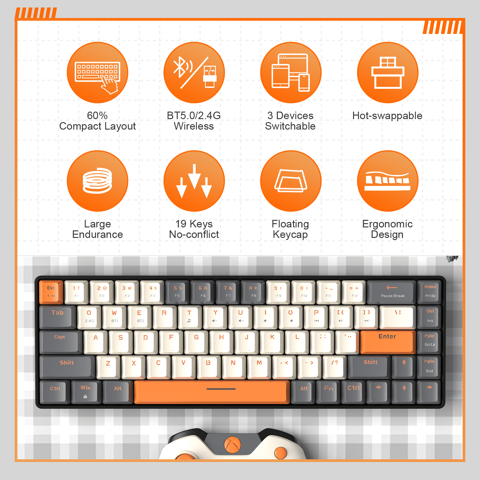K68 60% Wireless Mechanical Keyboard, Bluetooth 5.0/2.4GHz 68 Keys Hot Swappable Red Switch for PC