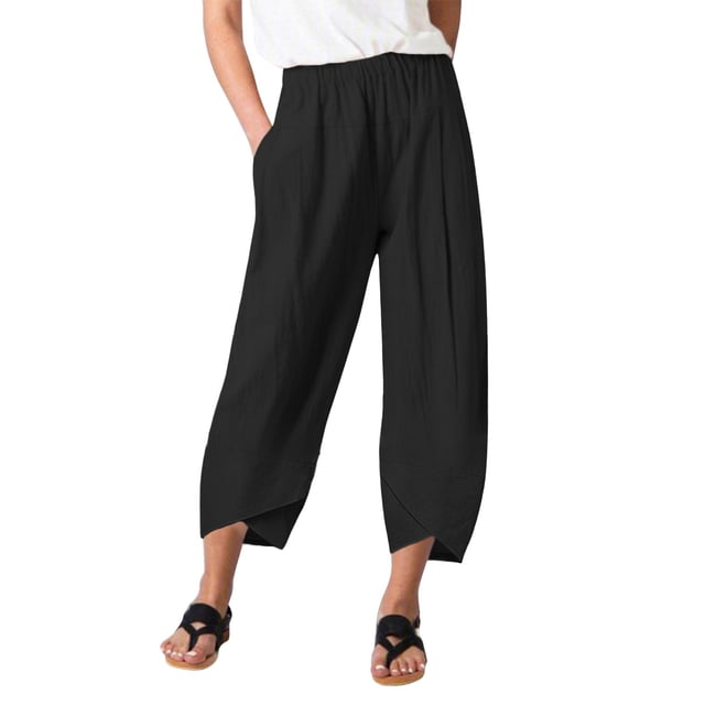 Kcodviy Womens Daily Casual Eight Long Pants Rompers for Women Casual Length Trousers Pockets Elastic Womens Pants Casual Trouser Paper Bag Pants Elastic Waist Solid Pants