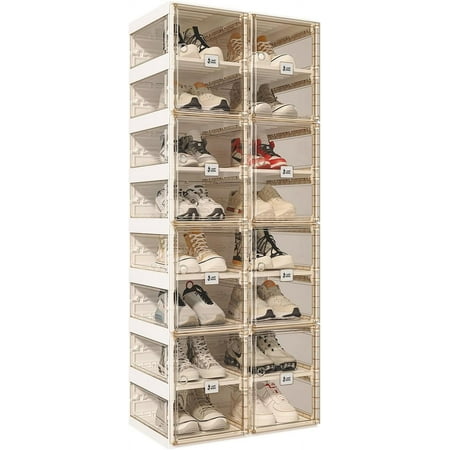 ANTBOX Foldable Shoe Rack Shoe Organizers for Closet Plastic Shoe Storage Box for Entryway Living Room Large Sturdy Stackable Sneaker Cabinet Bins with Magnetic Clear Door 8 Tiers 16 Pairs
