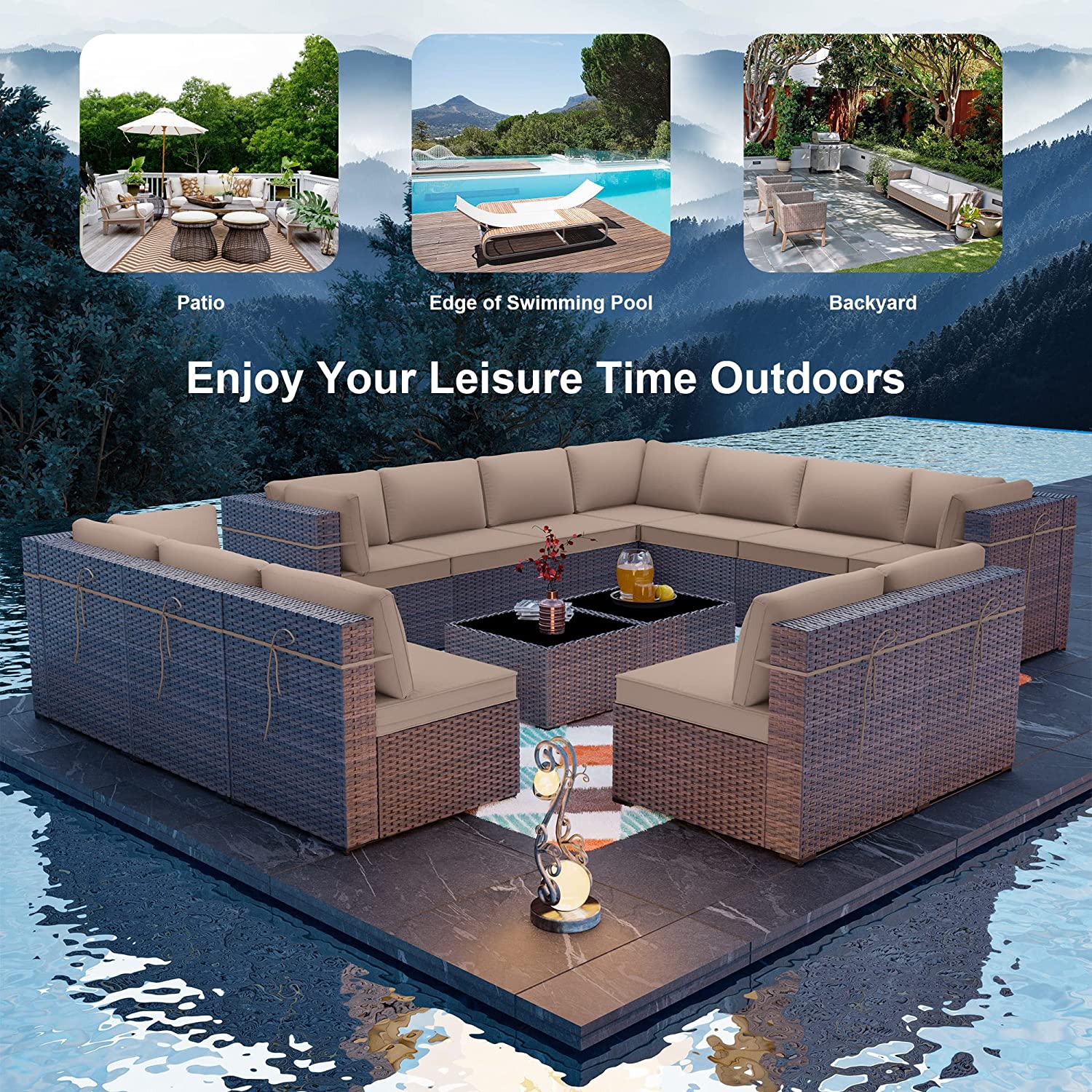 Gotland Outdoor Patio Furniture Set 14 Pieces Sectional Rattan Sofa Set PE Rattan Wicker Patio Conversation Set with Seat Cushions and Tempered Glass Table,Sand