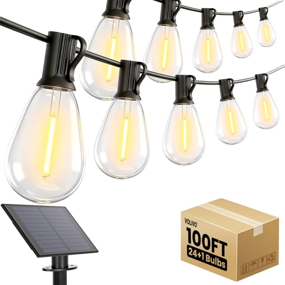 VOLIVO Solar Outdoor String Lights, 100FT S14 String Lights with 24 Shatterproof Bulbs, Waterproof Hanging Patio Lights for Porch, Patio