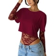 thumbnail image 2 of Justaucorps à Manches Longues pour Femmes en Dentelle Patchwork, Col Ras du Cou, en Maille Transparente, Court, pour Sorties et Fêtes, T-Shirts, Rouge Vin, G, 2 of 9