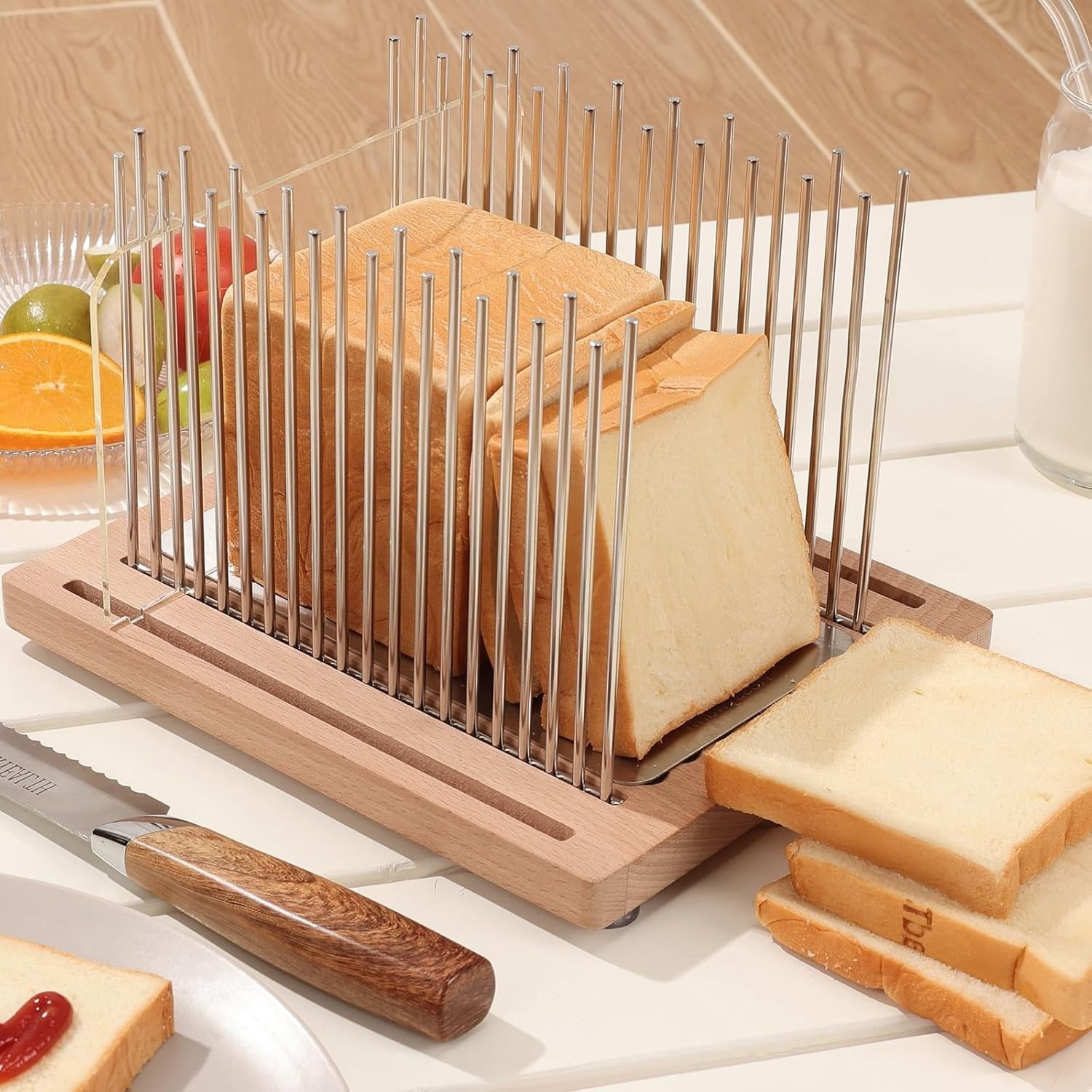Bread Slicer, Stainless  Bread Slicer for Homemade Bread,Adjustable Bread Slicing Guide with Beechwood Bread  Board for Loaf,Bagels & Baguette, Durable and  Wooden Structure