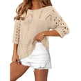 thumbnail image 4 of Womens Summer Tops Hollow Out Beach Crochet Cover Ups Off Shoulder 3/4 Sleeve Pullover Casual Sweater Shirts for Vacation, 4 of 5