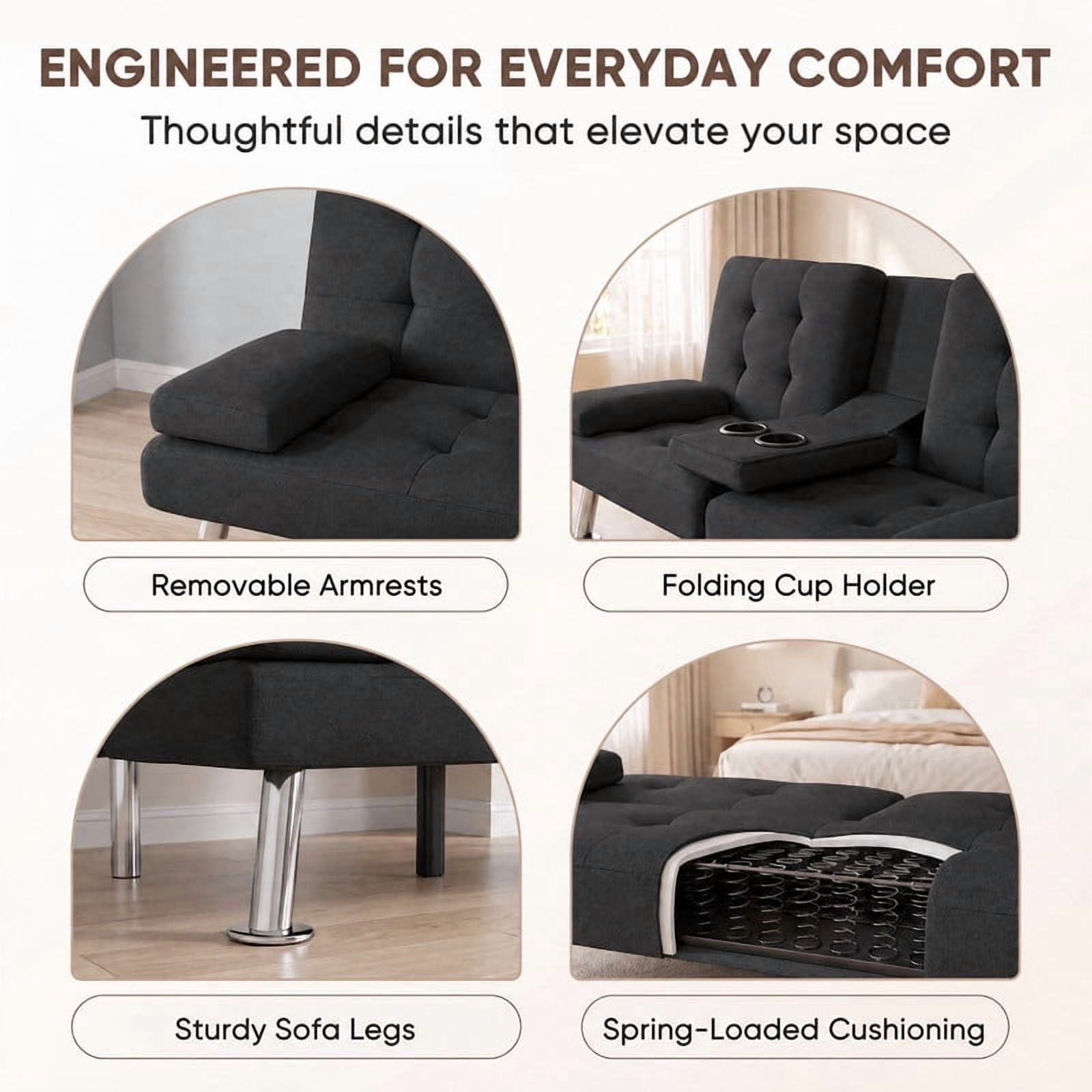 Lacoo 2-Pack Futon Sofa Bed, Linen Convertible Couch Sleeper Sofa, Cup Holders, Small Spaces,Black