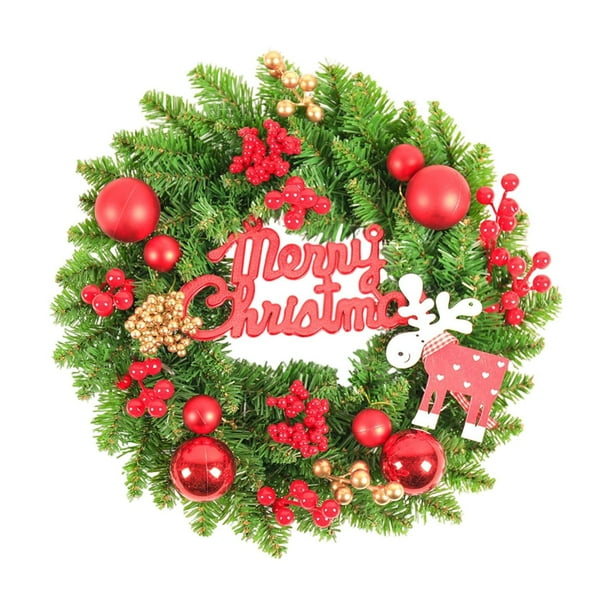 Corona navideña para puerta con hojas verdes, guirnalda artificial de agujas de pino para Navidad e invierno Bola roja de 30 x 8 cm