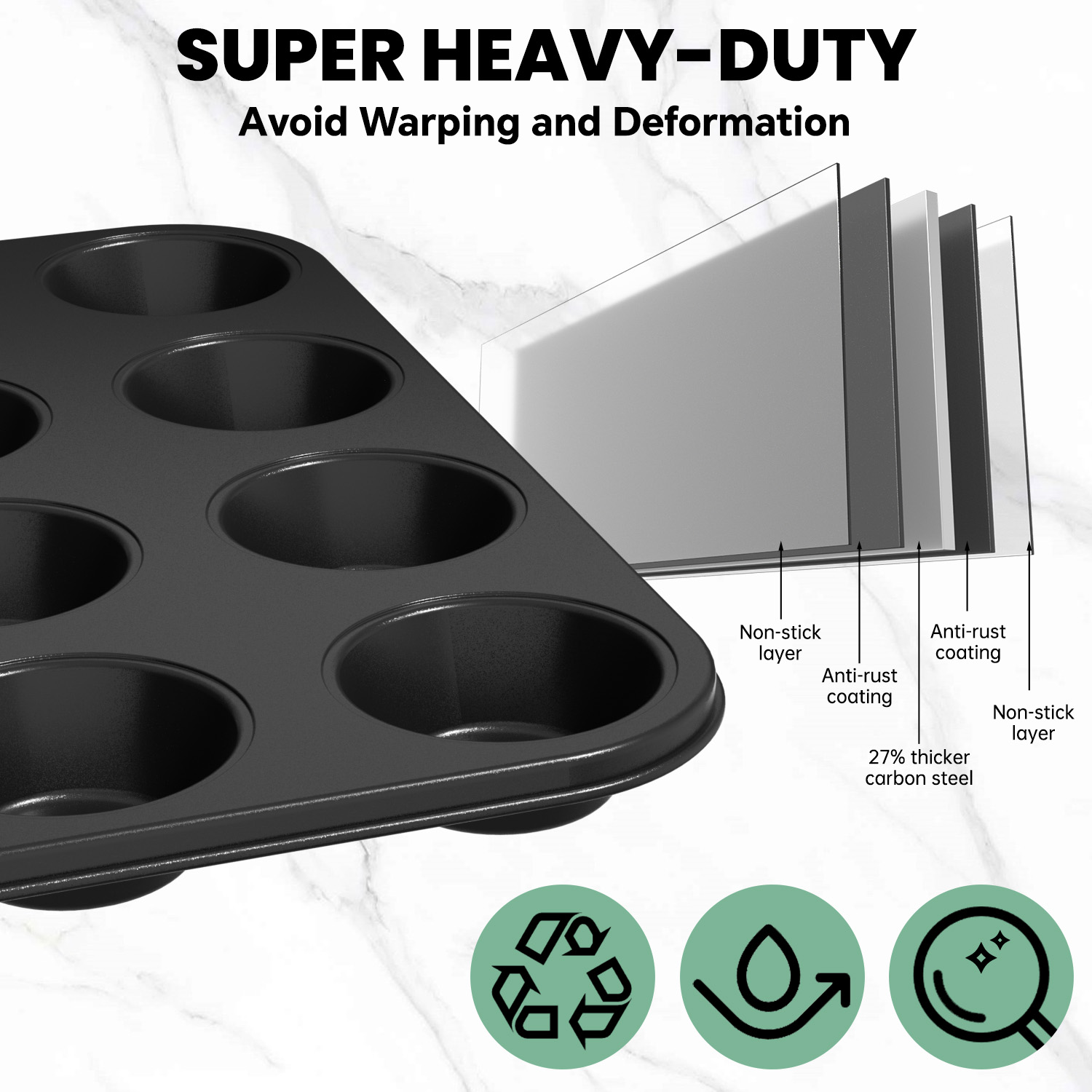 GPED 2 Pack Muffin Pan for Baking, 12-Cup Nonstick Cupcake Pan, 14.2" x 11" x 1.5" with 2.56" Cups, for Muffins, Cupcakes, Brownies, Cheesecake, Carbon Steel, Easy Clean, Oven Safe