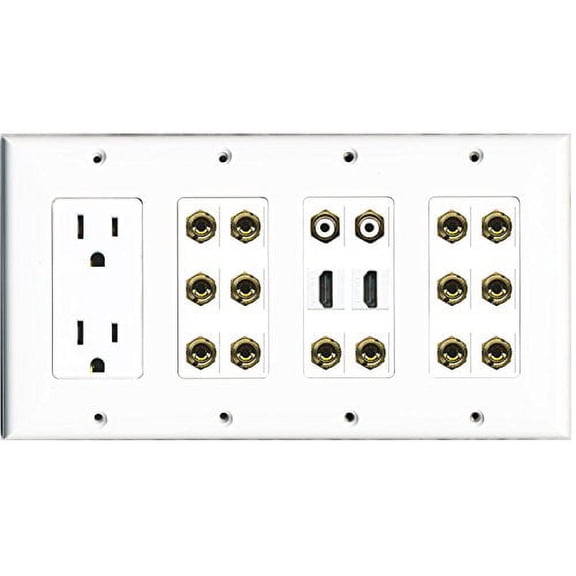 RiteAV - (4 Gang 15A Power Outlet 2 HDMI 2 RCA White 14 Banana Wall Plate White