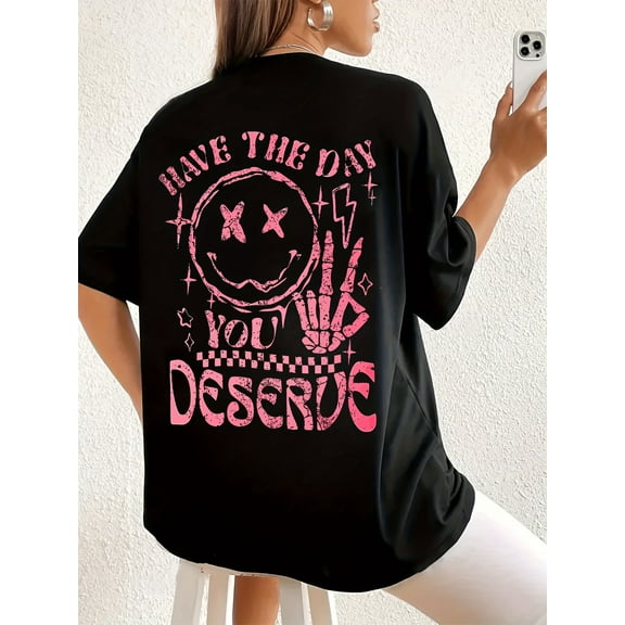 Women's Plus Size Oversized Graphic T-Shirt - "Have The Day You Deserve" Slogan with Stars & Lightning Bolts, Black & Pink Casual Short Sleeve Round Neck Top, Machine Washable Summer Spring Tee