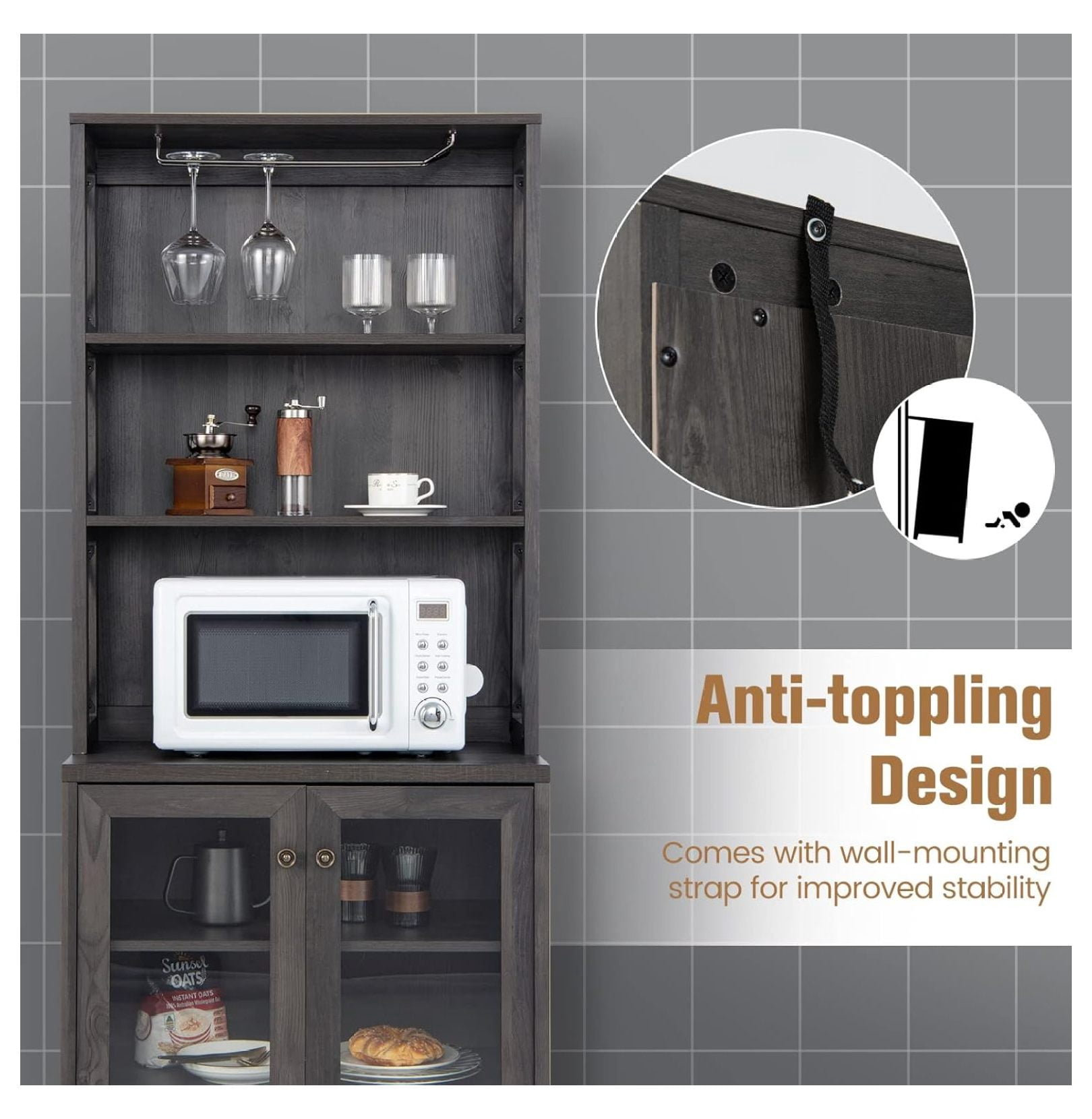 Kitchen Pantry Storage Cabinet, Farmhouse Buffet Hutch with Stemware Rack, Microwave Countertop & Tempered Glass Doors, 67.5" Freestanding Kitchen Hutch with Adjustable Shelf