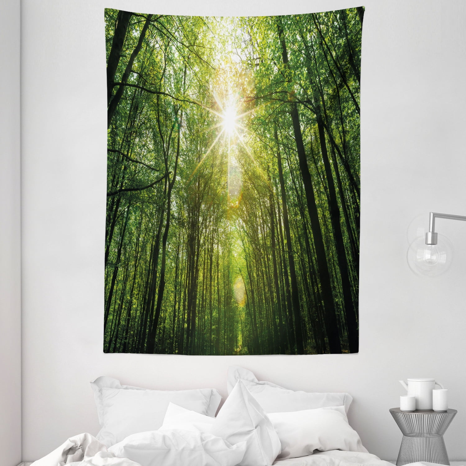 Forest Tapestry, Summer Trees Upward View with Sunrays Leaking from Branches Nature Image, Wall Hanging for Bedroom Living Room Dorm Decor, 60W X 80L Inches, Fern Green Yellow, by Ambesonne