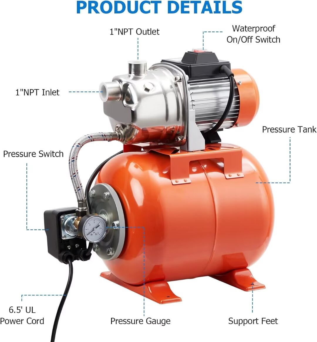 1.6HP Shallow Well Pump with Pressure Tank, 115V Irrigation Pump, Stainless Steel Automatic Water Booster Jet Pump for Home, Garden