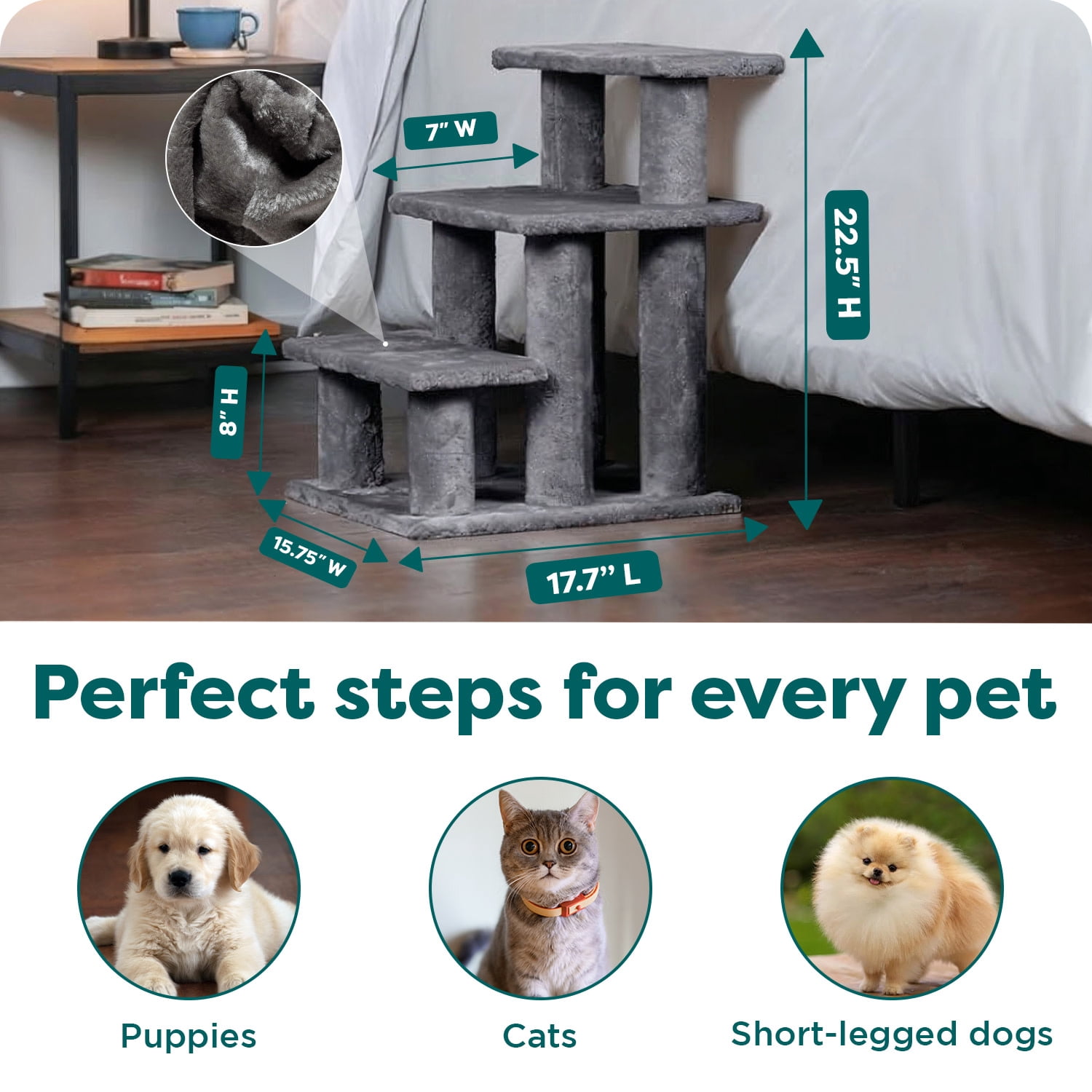 FurHaven Steady Paws Multi-Step Pet Stairs for High Beds & Sofas, Faux Fur Covered Dog Stairs for Small & Large Dogs, 3-Step Design, Plush Faux Fur, Gray