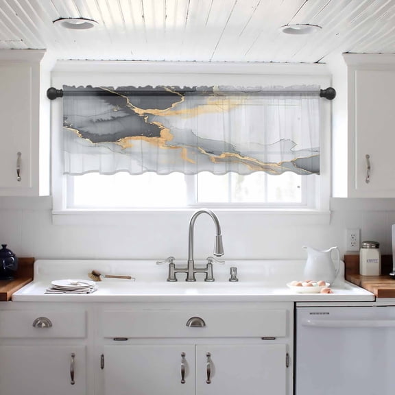 Grey White Marble Valance Curtains for Kitchen/Living Room/Bathroom/Bedroom Window, Ink Painting Modern Abstract Rod Pocket Small Topper Half Short Window Curtains Voile Sheer Scarf 54"x18"