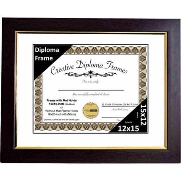 Creative Picture Frames 12x15 Mahogany Diploma Frame with Gold Rim Including White Mat Glass and Installed Wall Hangers | Frame Holds 16x20 Media without Mat