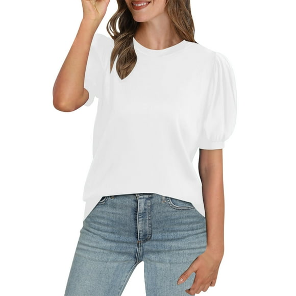 yoeyez Hauts et Chemisiers Décontractés pour Femmes Hauts Confortables à Manches Courtes Bouffantes Col Ras du Cou Coupe Ample Chandail Blouse Tunique de Style Professionnel Chemises de Travail Offres à Durée Limitée Blanc G