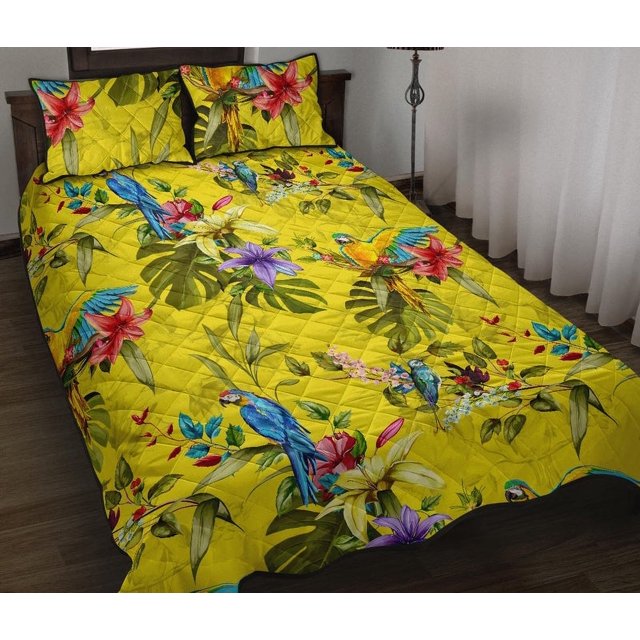 Juego de cama acolchado con estampado de loros de colores
