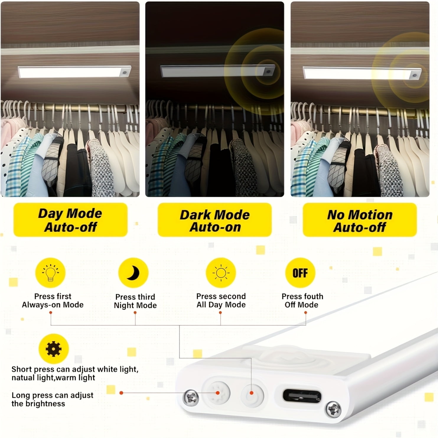 3-Color Dimmable Wireless Motion Sensor LED Under Cabinet Lights, USB Rechargeable Magnetic Strip Lighting for Kitchen Wardrobe Closet Stairs