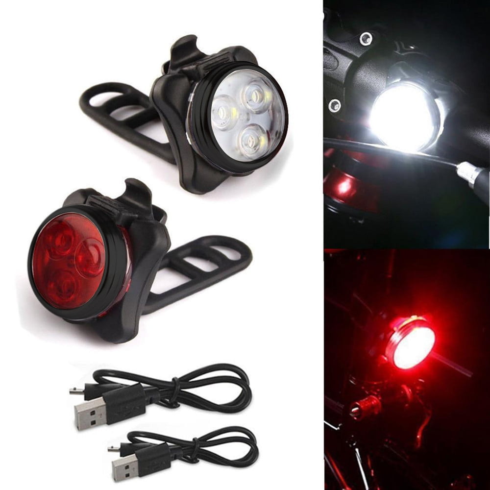 USB Rechargeable Cycling Bicycle Bike 3LED Head Front Light Tail Rear Lamp Torch 